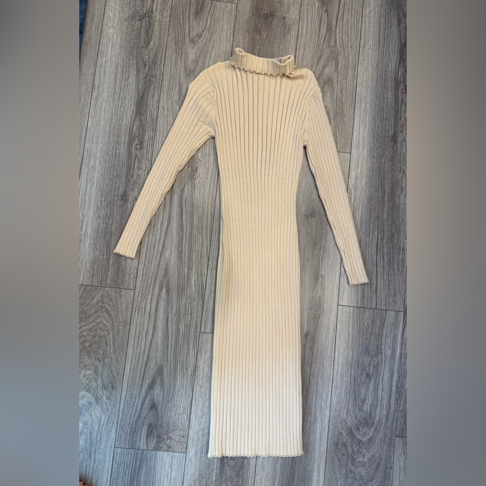 Long Sleeve Body Con Sweater Dress, Beige, M